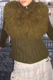 Army Green Street Solid Color Fringed Trim Patchwork Zipper Zipper Collar Outerwear