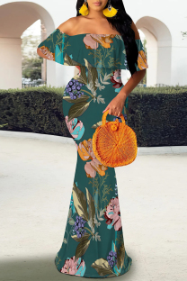 Green Elegant Floral Print Contrast Off Shoulder One Step Skirt Dresses
