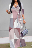 Blue Orange Elegant Print Patchwork Strap Design V Neck Long Dresses