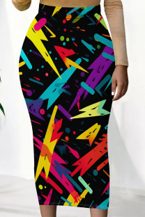 Black Casual Striped Print Splashed ink printing Contrast High Waist Full Print Bottoms