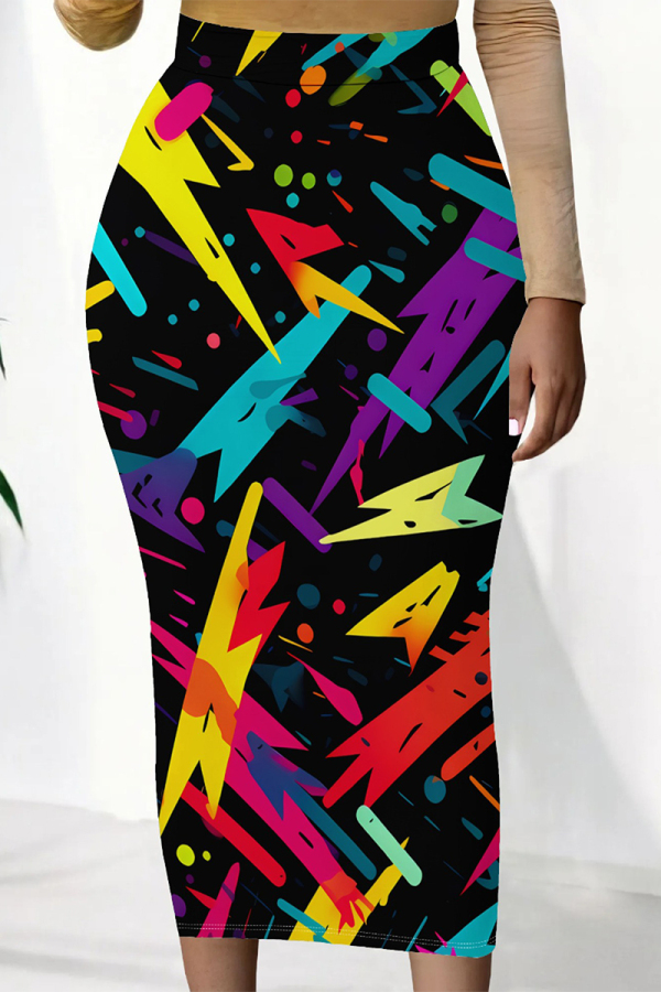 Black Casual Striped Print Splashed ink printing Contrast High Waist Full Print Bottoms