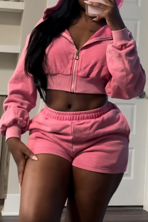 Pink Casual Solid Color Pocket Patchwork Zipper Hooded Long Sleeve Two Pieces