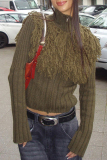 Army Green Street Solid Color Fringed Trim Patchwork Zipper Zipper Collar Outerwear