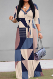 Blue Orange Elegant Print Patchwork Strap Design V Neck Long Dresses