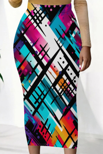 Multi-color Casual Striped Print Splashed ink printing Contrast High Waist Full Print Bottoms