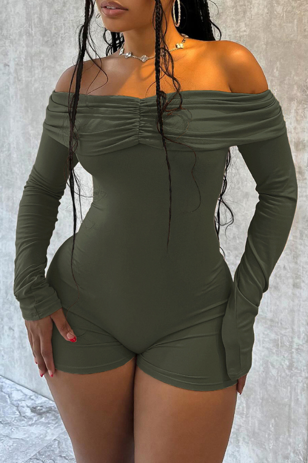 Army Green Sexy Solid Color Patchwork Ruched Off Shoulder Skinny Rompers