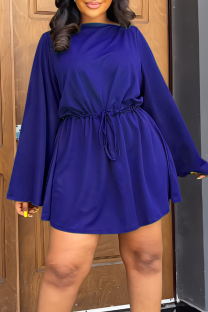 Blue Celebrities Solid Color Draw String Patchwork Ruched O Neck Straight Dresses