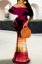 Purple Orange Elegant Print Patchwork Backless Off Shoulder Long Dresses