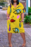 Orange Casual Print Pocket V Neck Short Sleeve Plus Size Dresses