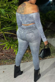 Grey Sexy Print Patchwork Backless Off Shoulder Long Sleeve Two Pieces