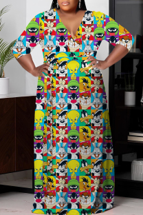 Cartoon Casual Print Basic V Neck Long Plus Size Dresses