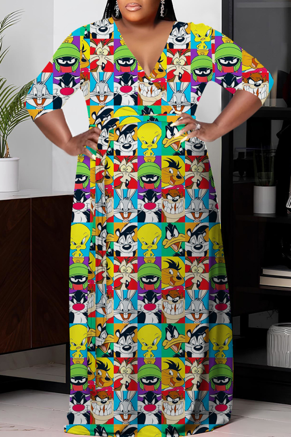 Cartoon Casual Print Basic V Neck Long Plus Size Dresses