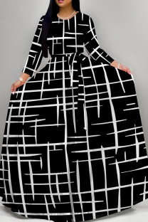 Black And White Elegant Print Patchwork Strap Design O Neck A Line Dresses