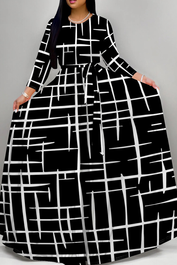 Black And White Elegant Print Patchwork Strap Design O Neck A Line Dresses