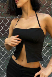 White Sexy Solid Color Patchwork Backless Zipper Halter Tops