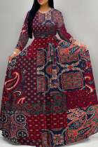 Burgundy Elegant Print Patchwork Strap Design O Neck A Line Dresses