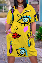Yellow Casual Print Pocket V Neck Short Sleeve Plus Size Dresses