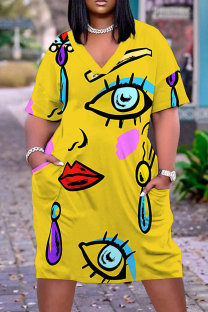 Yellow Casual Print Pocket V Neck Short Sleeve Plus Size Dresses