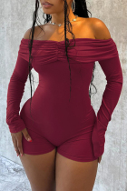 Burgundy Sexy Solid Color Patchwork Ruched Off Shoulder Skinny Rompers