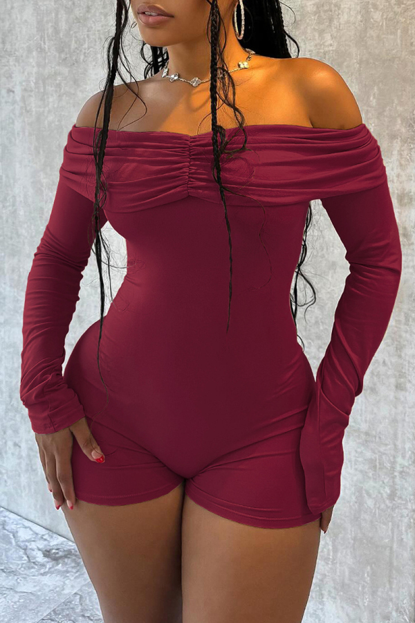 Burgundy Sexy Solid Color Patchwork Ruched Off Shoulder Skinny Rompers