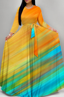 Orange Blue Elegant Print Patchwork Strap Design O Neck A Line Dresses