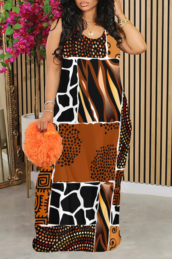 Brown Sexy Leopard Print Flowers Contrast U Neck Printed Dresses