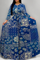 Blue Elegant Print Patchwork Strap Design O Neck A Line Dresses