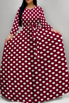 Burgundy Elegant Print Patchwork Strap Design O Neck A Line Dresses