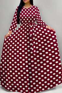 Burgundy Elegant Print Patchwork Strap Design O Neck A Line Dresses