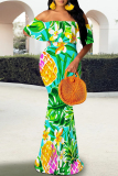 Turquoise Elegant Print Patchwork Backless Off Shoulder Long Dresses