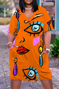 Orange Casual Print Pocket V Neck Short Sleeve Plus Size Dresses