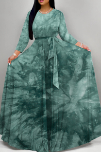 Cyan Elegant Print Patchwork Strap Design O Neck A Line Dresses