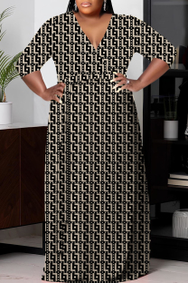 Khaki Casual Print Basic V Neck Long Plus Size Dresses