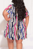 Green Casual National Totem Geometric Print Contrast V Neck Printed Plus Size Dresses