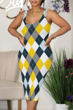 Blue Yellow Casual Graffiti Print Rhombus U Neck Printed Dresses
