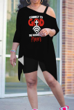 Black Red Casual Street Letter Print Smiley Face Print Irregular Sloping Shoulder Plus Size Two Pieces