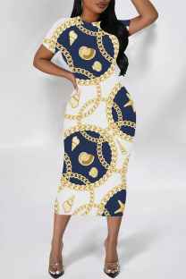 White Elegant Floral Print Chain print O Neck Printed Dresses