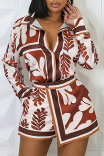 Coffee Sexy Print Pocket Buckle Buttons Patchwork Turndown Collar Long Sleeve Two Pieces