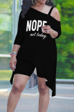 Black Red Casual Street Letter Print Smiley Face Print Irregular Sloping Shoulder Plus Size Two Pieces
