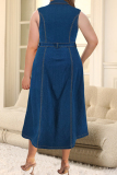 Deep Blue Elegant Solid Color Pocket Buckle Patchwork Slit Turndown Collar Long Plus Size Dresses
