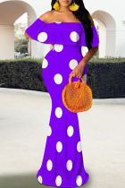 Purple Elegant Polka Dot Patchwork Backless Off Shoulder Long Dresses