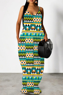 Green Sexy Geometric Print Pocket Contrast V Neck Printed Dresses