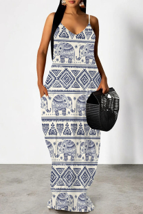 Cream White Sexy Geometric Print Pocket Contrast V Neck Printed Dresses