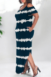 Navy Blue Casual Leopard Camouflage Faux Denim Print Pocket Contrast U Neck Printed Plus Size Dresses
