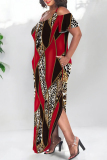Navy Blue Casual Leopard Camouflage Faux Denim Print Pocket Contrast U Neck Printed Plus Size Dresses