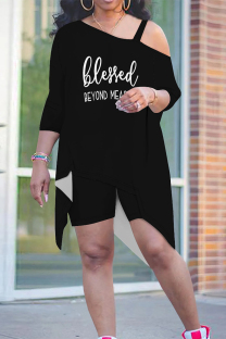 Matte Black Casual Street Letter Print Smiley Face Print Irregular Sloping Shoulder Plus Size Two Pieces