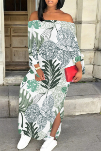 White Green Casual Street Floral Print Slit Contrast Off Shoulder Printed Dresses