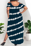 Navy Blue Casual Leopard Camouflage Faux Denim Print Pocket Contrast U Neck Printed Plus Size Dresses