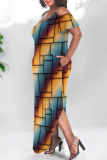 Navy Blue Casual Leopard Camouflage Faux Denim Print Pocket Contrast U Neck Printed Plus Size Dresses