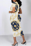 White Pink Elegant Floral Print Chain print O Neck Printed Dresses